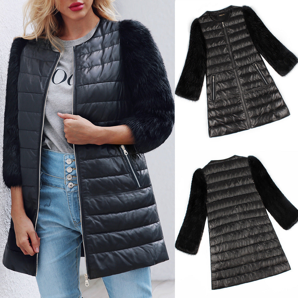 Veste Longue en Similicuir et Fausse Fourrure – Élégance Audacieuse