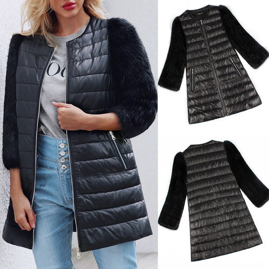 Veste Longue en Similicuir et Fausse Fourrure – Élégance Audacieuse