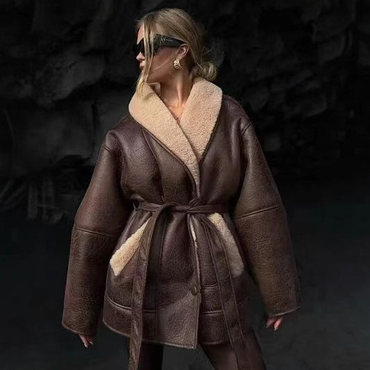 Manteau Élégance Cachemire en Cuir avec Col en Fourrure et Ceinture