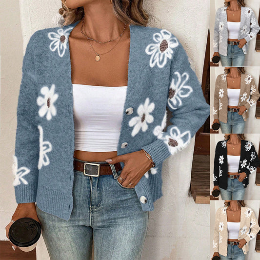 Cardigan à Boutons Imprimé Fleurs – Élégance Décontractée
