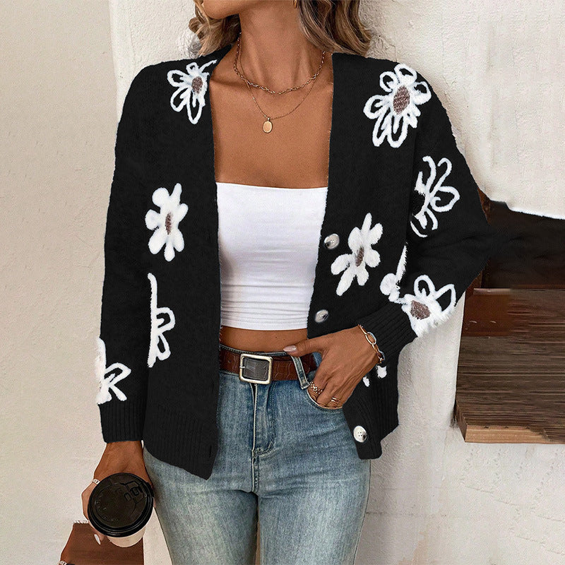 Cardigan à Boutons Imprimé Fleurs – Élégance Décontractée