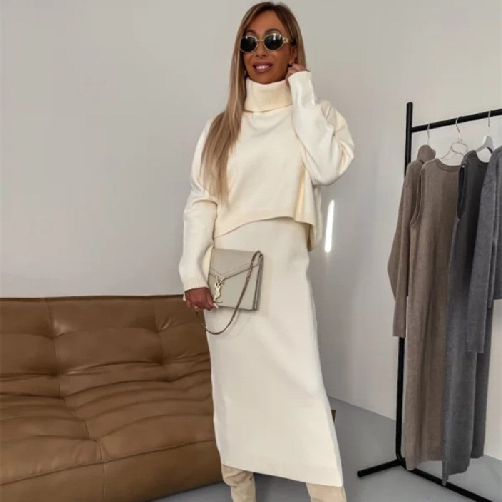 Ensemble Tricot Hiver – Pull Col Roulé & Robe Longue Sans Manches