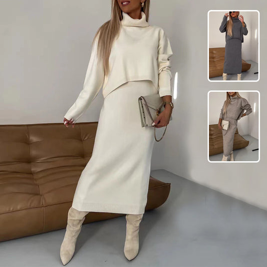 Ensemble Tricot Hiver – Pull Col Roulé & Robe Longue Sans Manches