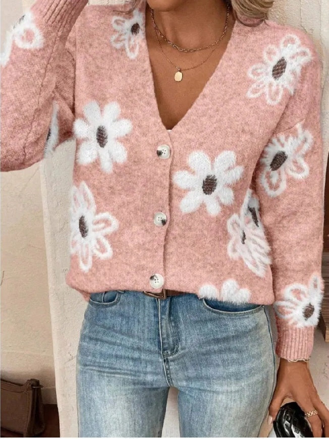 Cardigan à Boutons Imprimé Fleurs – Élégance Décontractée