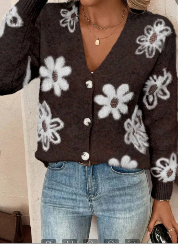Cardigan à Boutons Imprimé Fleurs – Élégance Décontractée