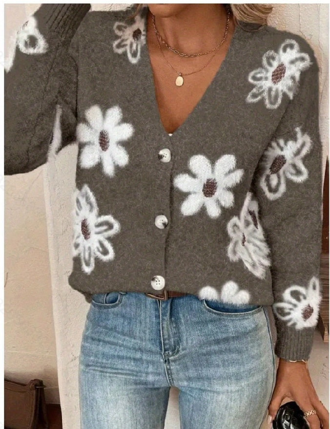 Cardigan à Boutons Imprimé Fleurs – Élégance Décontractée