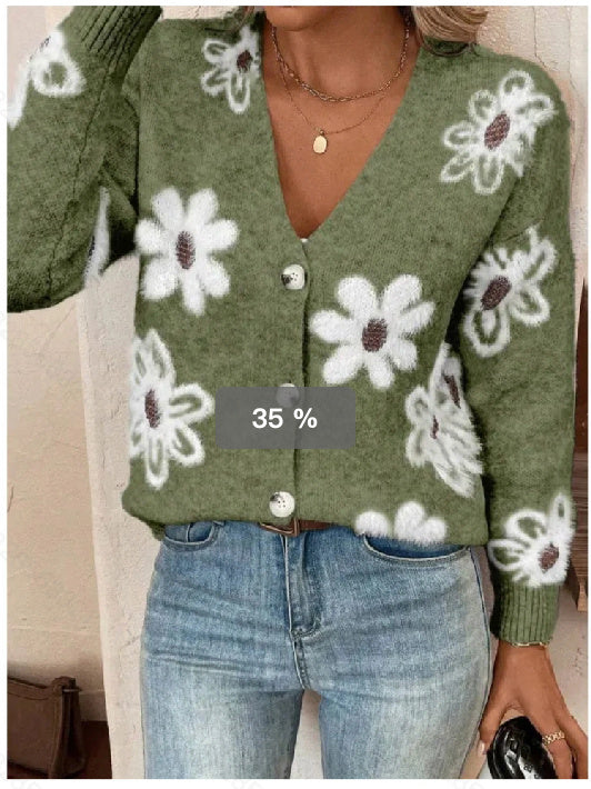 Cardigan à Boutons Imprimé Fleurs – Élégance Décontractée