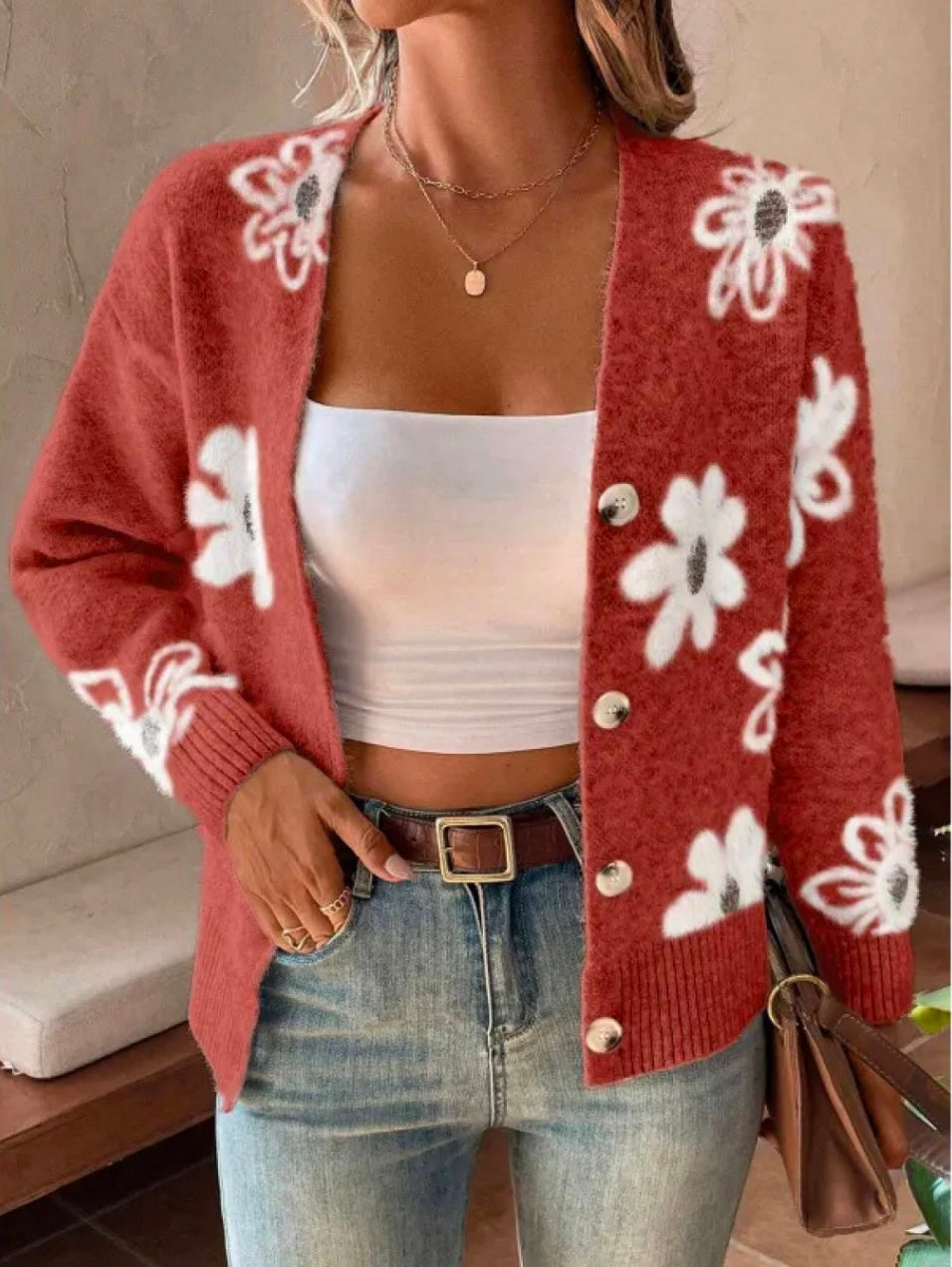 Cardigan à Boutons Imprimé Fleurs – Élégance Décontractée