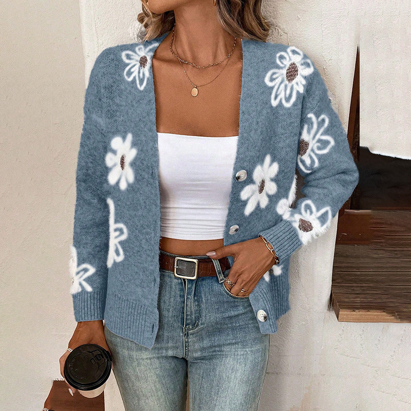 Cardigan à Boutons Imprimé Fleurs – Élégance Décontractée